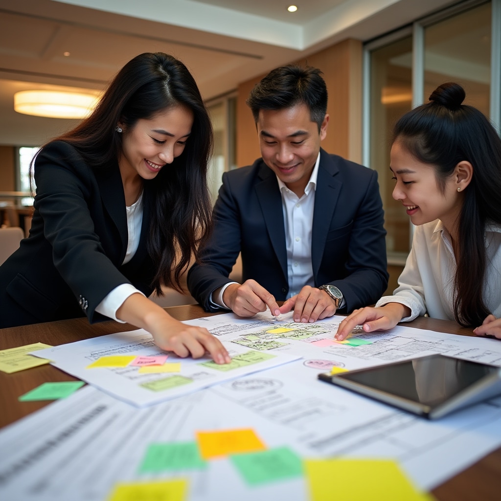 Business model structuring session with documents and diagrams