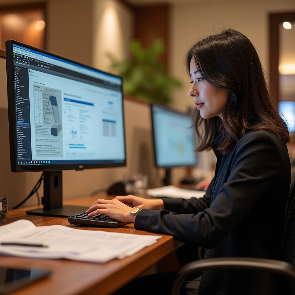 Professional business writer working at organized desk with documents