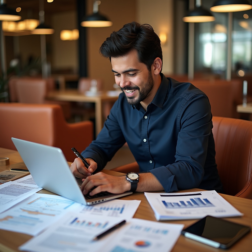 Entrepreneur working on business planning in modern workspace