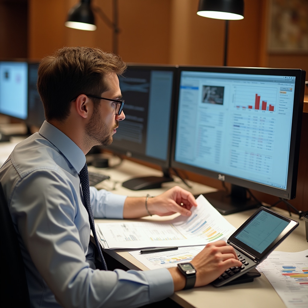 Financial documentation specialist reviewing projections and spreadsheets